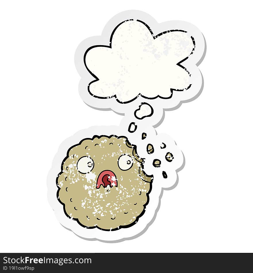 frightened cookie cartoon and thought bubble as a distressed worn sticker