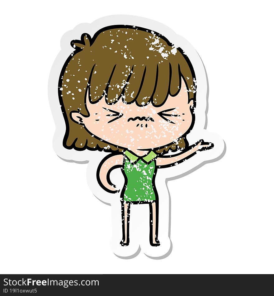 distressed sticker of a annoyed cartoon girl