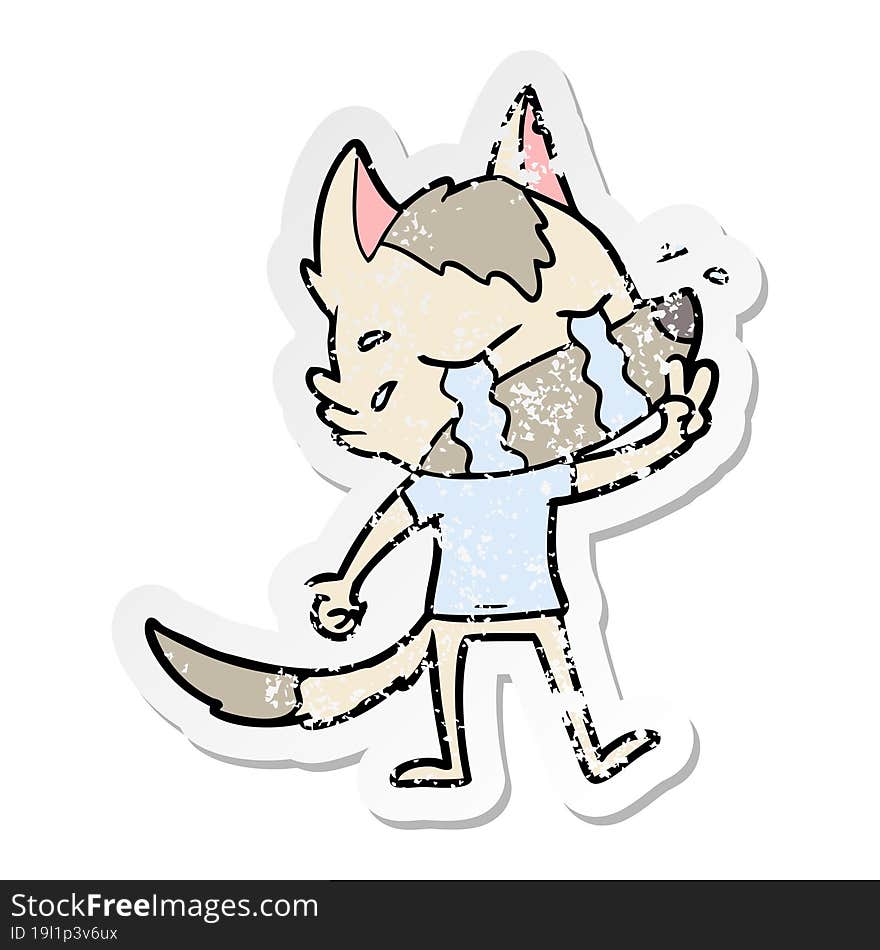 distressed sticker of a cartoon crying wolf