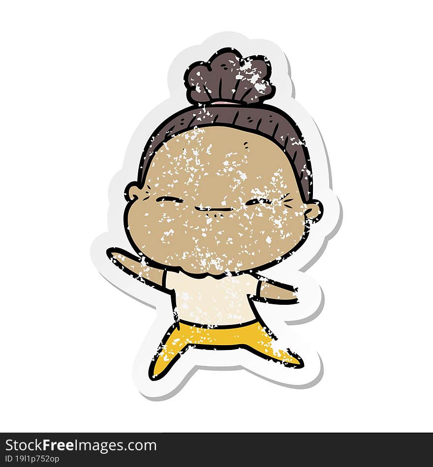 distressed sticker of a cartoon peaceful old woman