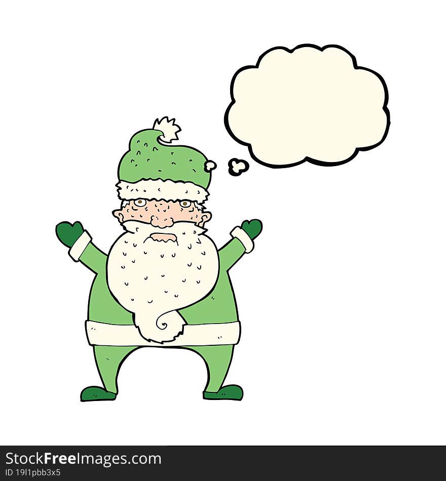 cartoon ugly santa claus with thought bubble