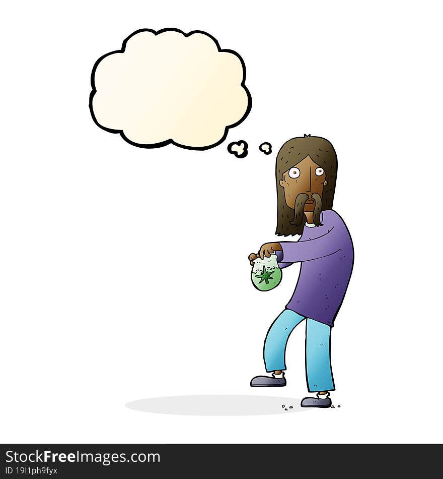 cartoon hippie man with bag of weed with thought bubble