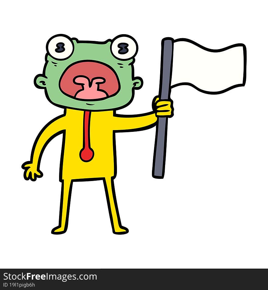 cartoon weird alien with flag. cartoon weird alien with flag