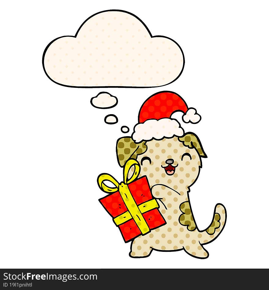 Cute Cartoon Puppy With Christmas Present And Hat And Thought Bubble In Comic Book Style