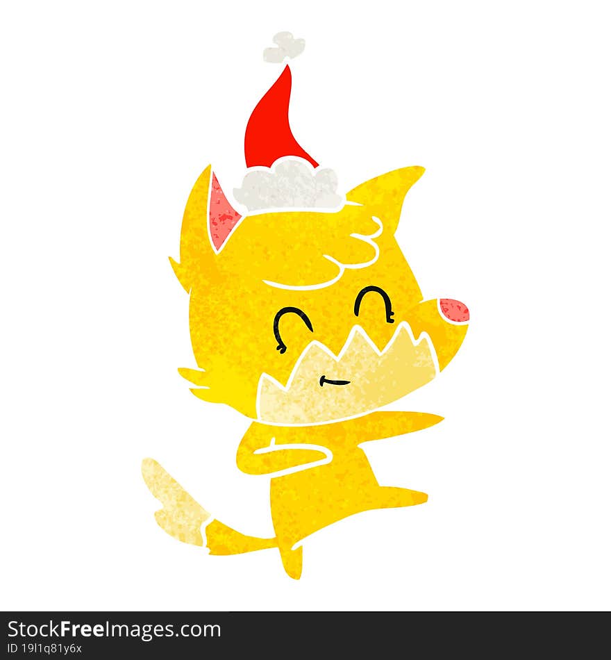 retro cartoon of a friendly fox wearing santa hat