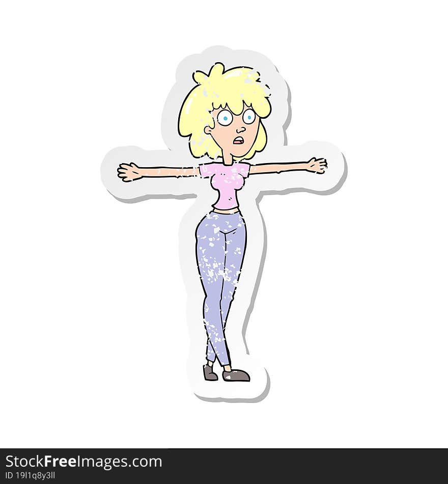 retro distressed sticker of a cartoon woman spreading arms