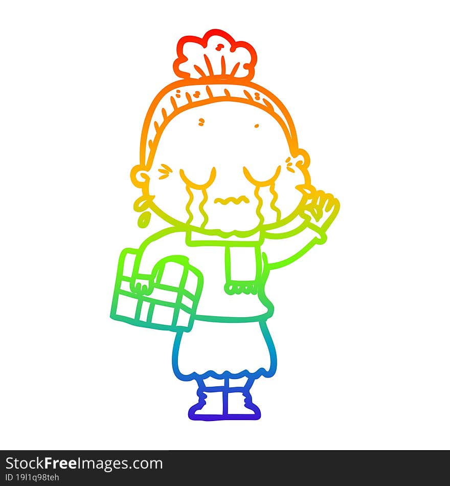 rainbow gradient line drawing cartoon crying old lady