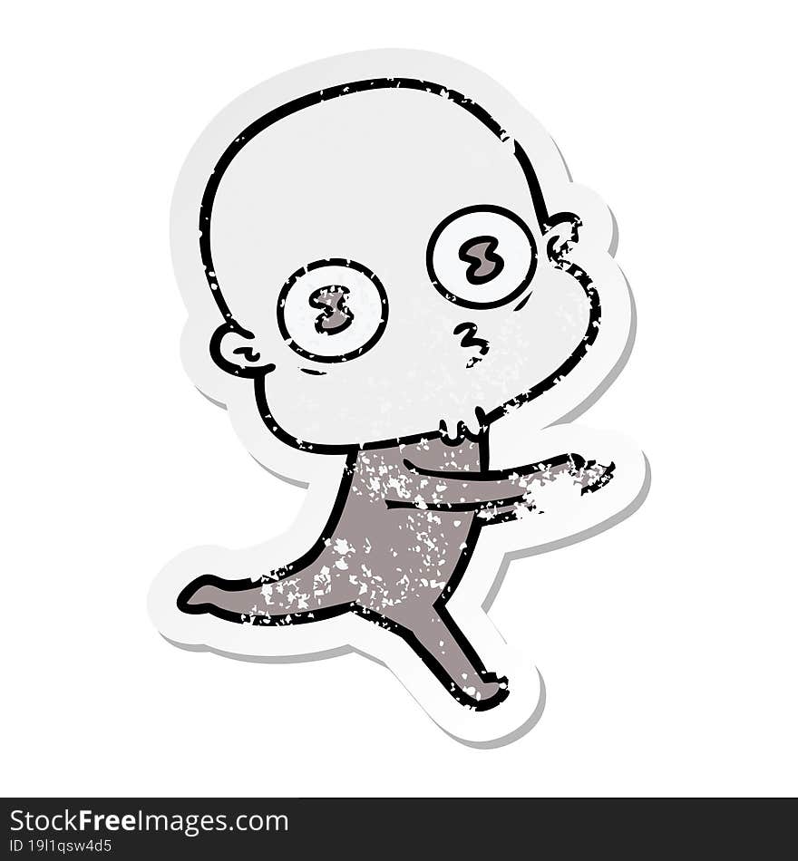 distressed sticker of a cartoon weird bald spaceman running