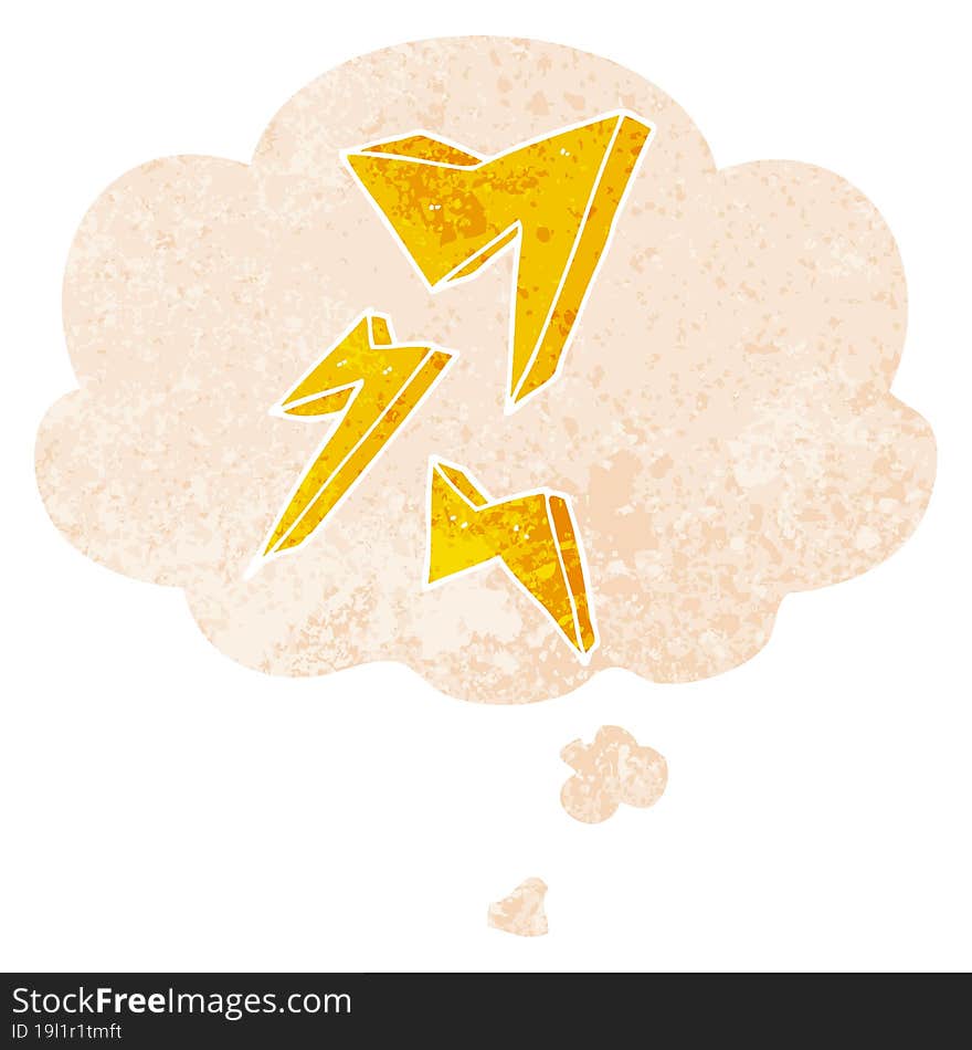 cartoon lightning bolt and thought bubble in retro textured style