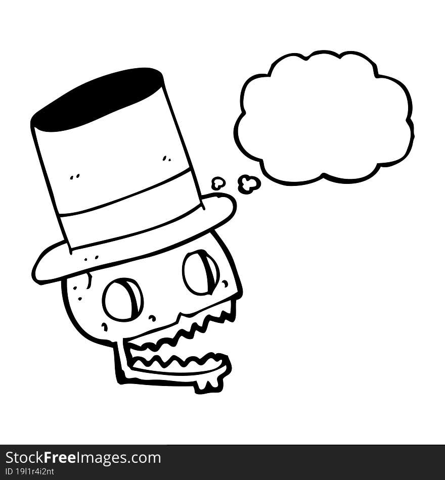 freehand drawn thought bubble cartoon laughing skull in top hat