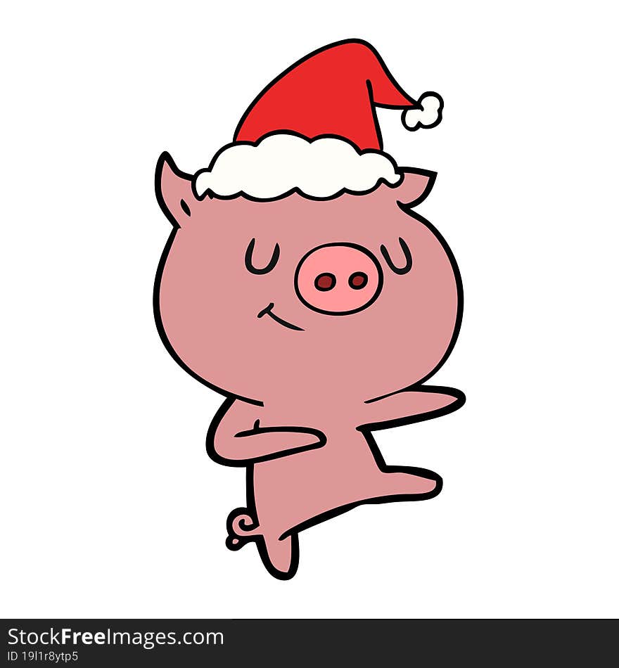 happy hand drawn line drawing of a pig dancing wearing santa hat. happy hand drawn line drawing of a pig dancing wearing santa hat