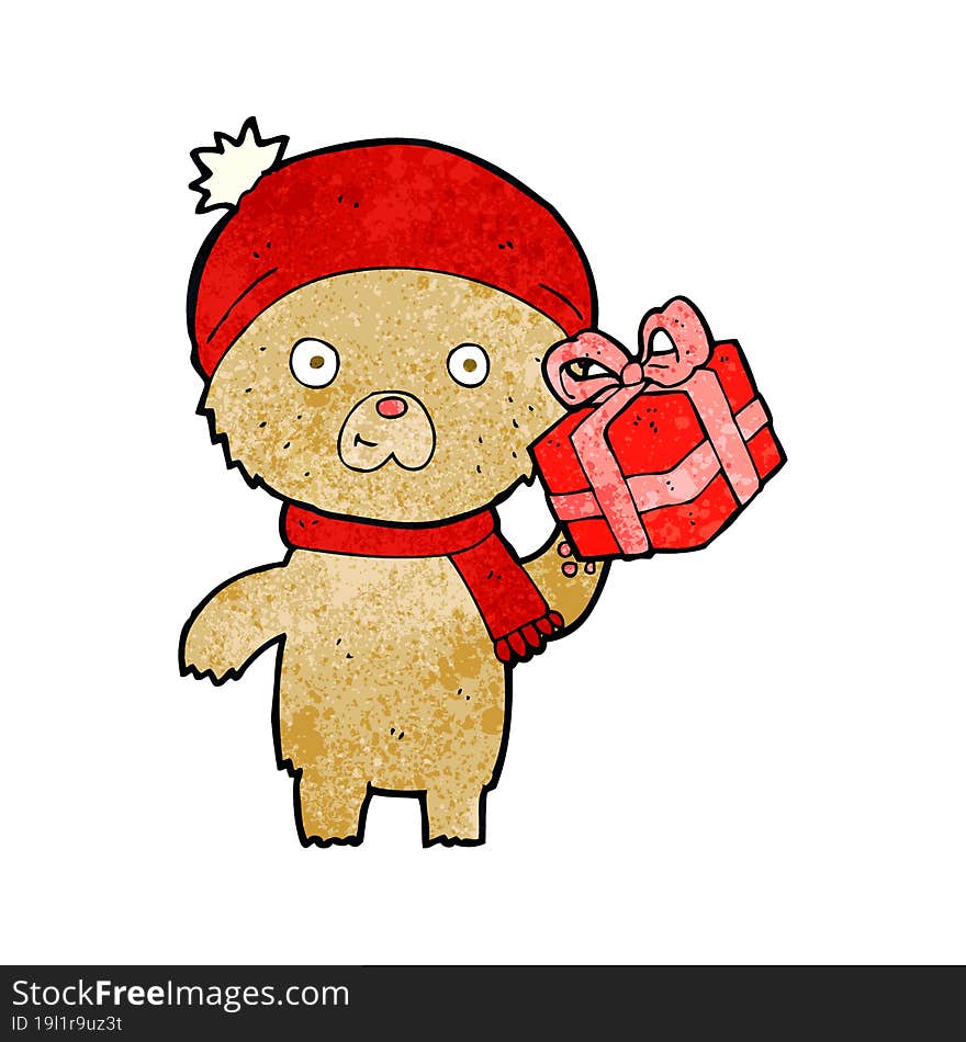 cartoon christmas teddy bear with present