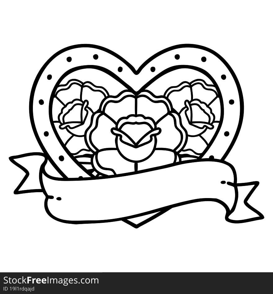 black line tattoo of a heart and banner with flowers