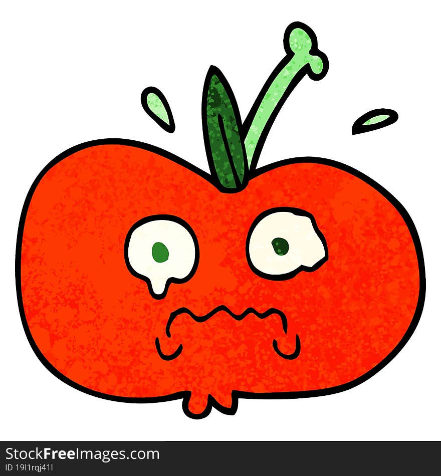 grunge textured illustration cartoon of a sad apple