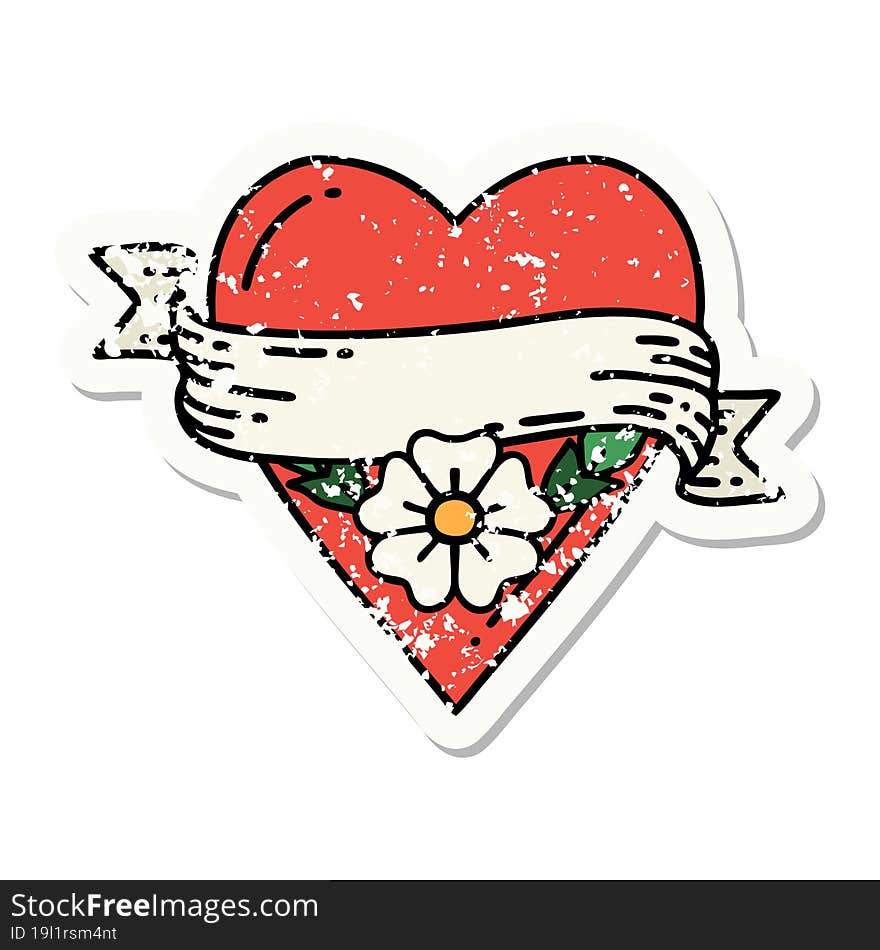 distressed sticker tattoo in traditional style of a heart flower and banner. distressed sticker tattoo in traditional style of a heart flower and banner