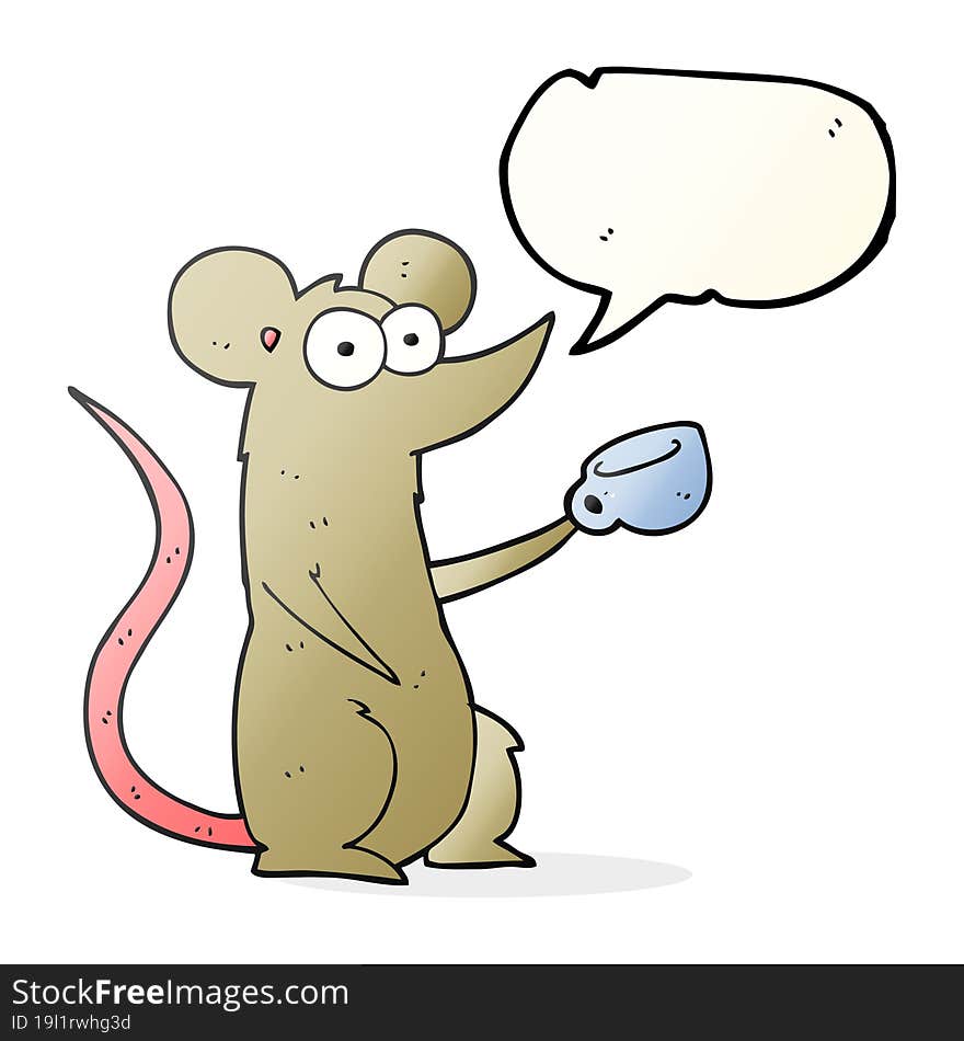 freehand drawn speech bubble cartoon mouse with coffee cup