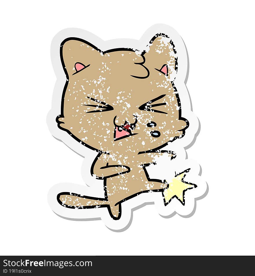 distressed sticker of a cartoon hissing cat