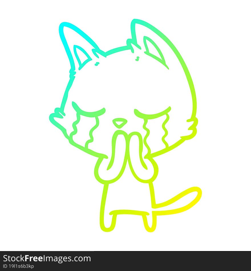 cold gradient line drawing of a crying cartoon cat