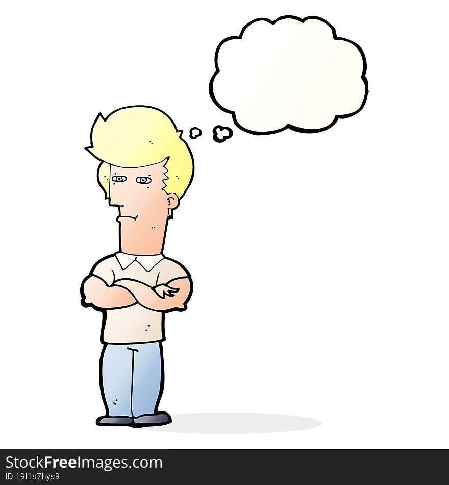 cartoon man with folded arms with thought bubble