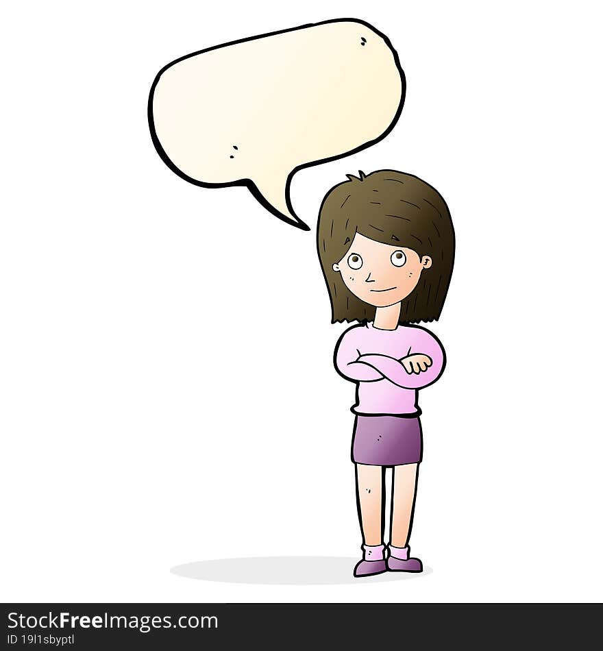 cartoon friendly girl rolling eyes with speech bubble