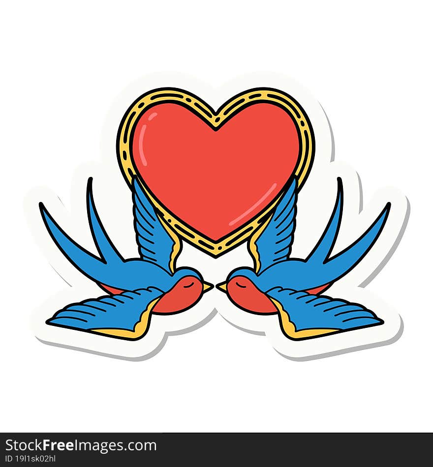 sticker of tattoo in traditional style of swallows and a heart. sticker of tattoo in traditional style of swallows and a heart