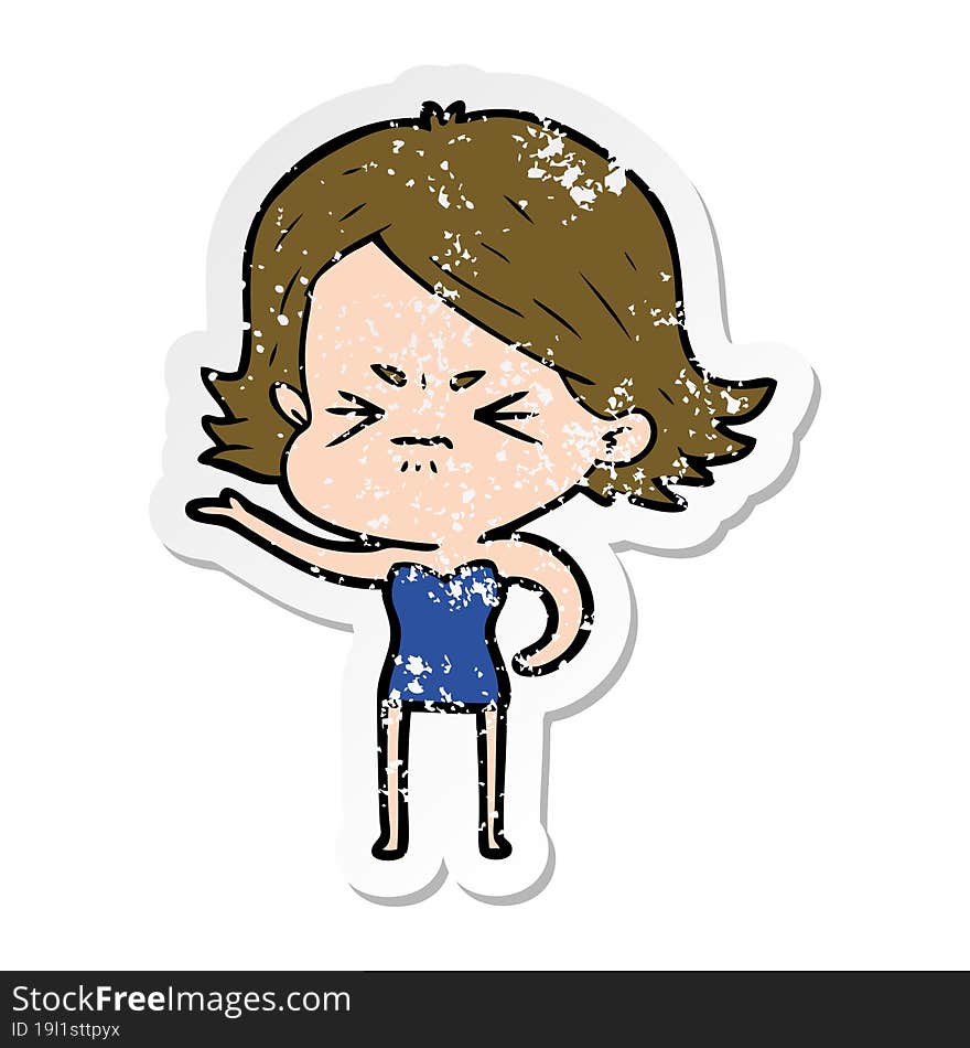 Distressed Sticker Of A Cartoon Angry Girl