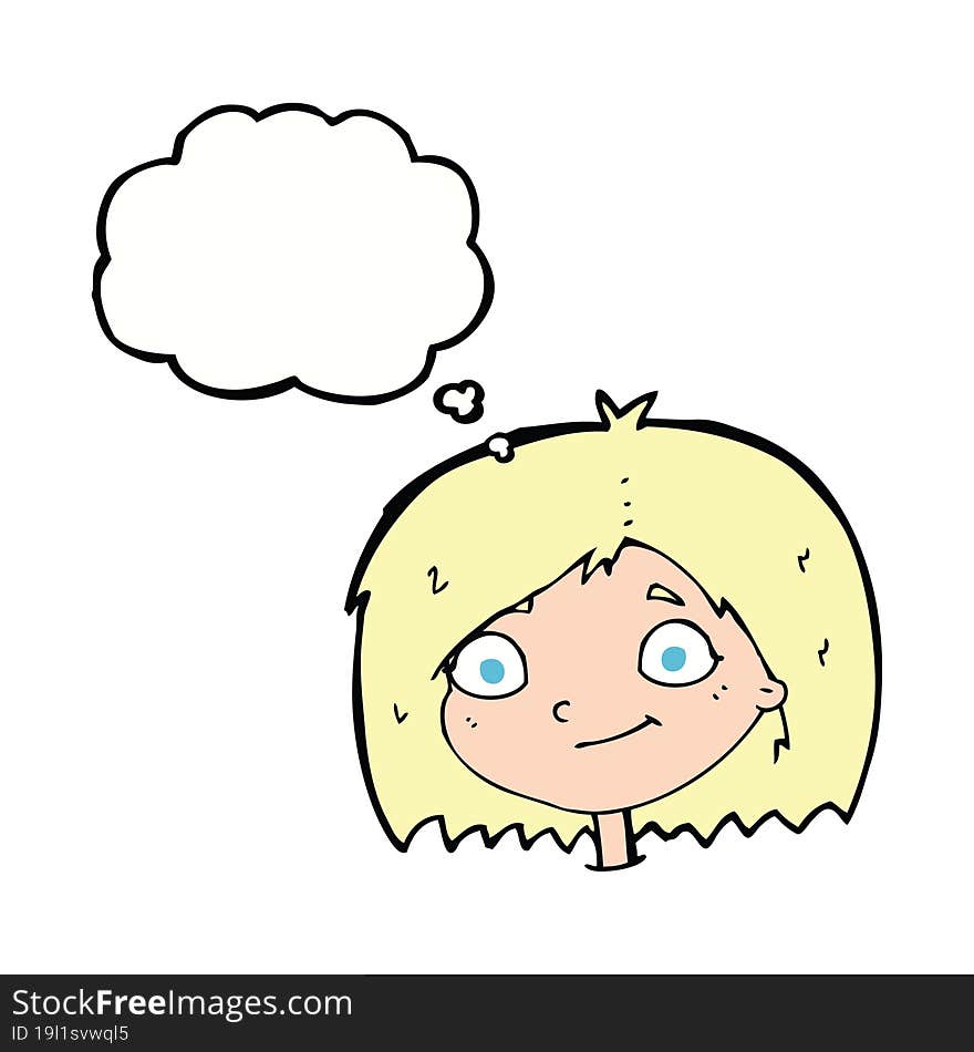 cartoon happy female face with thought bubble