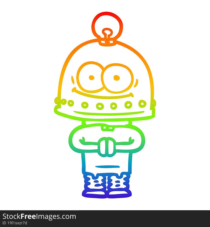 rainbow gradient line drawing happy carton robot with light bulb