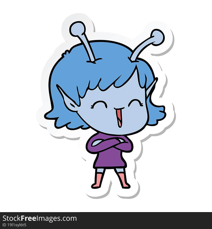 sticker of a cartoon happy alien girl