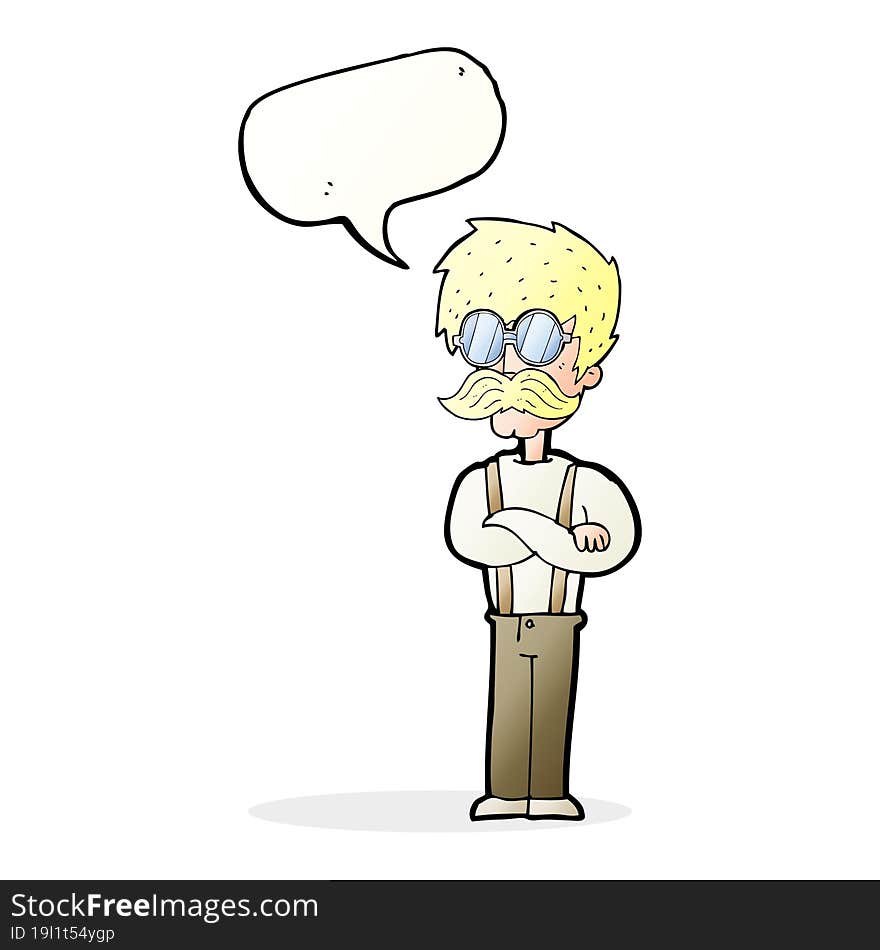 cartoon hipster man with mustache and spectacles with speech bubble