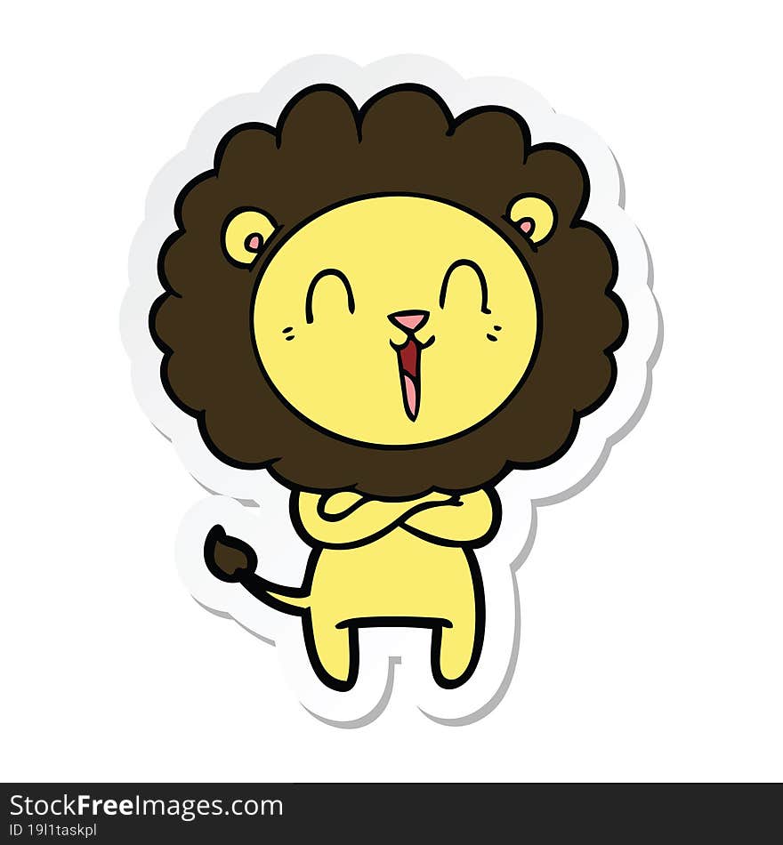 sticker of a laughing lion cartoon