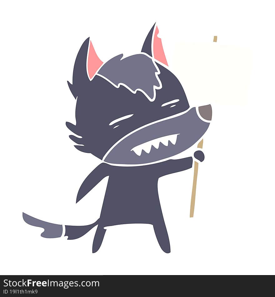 flat color style cartoon wolf with sign post showing teeth