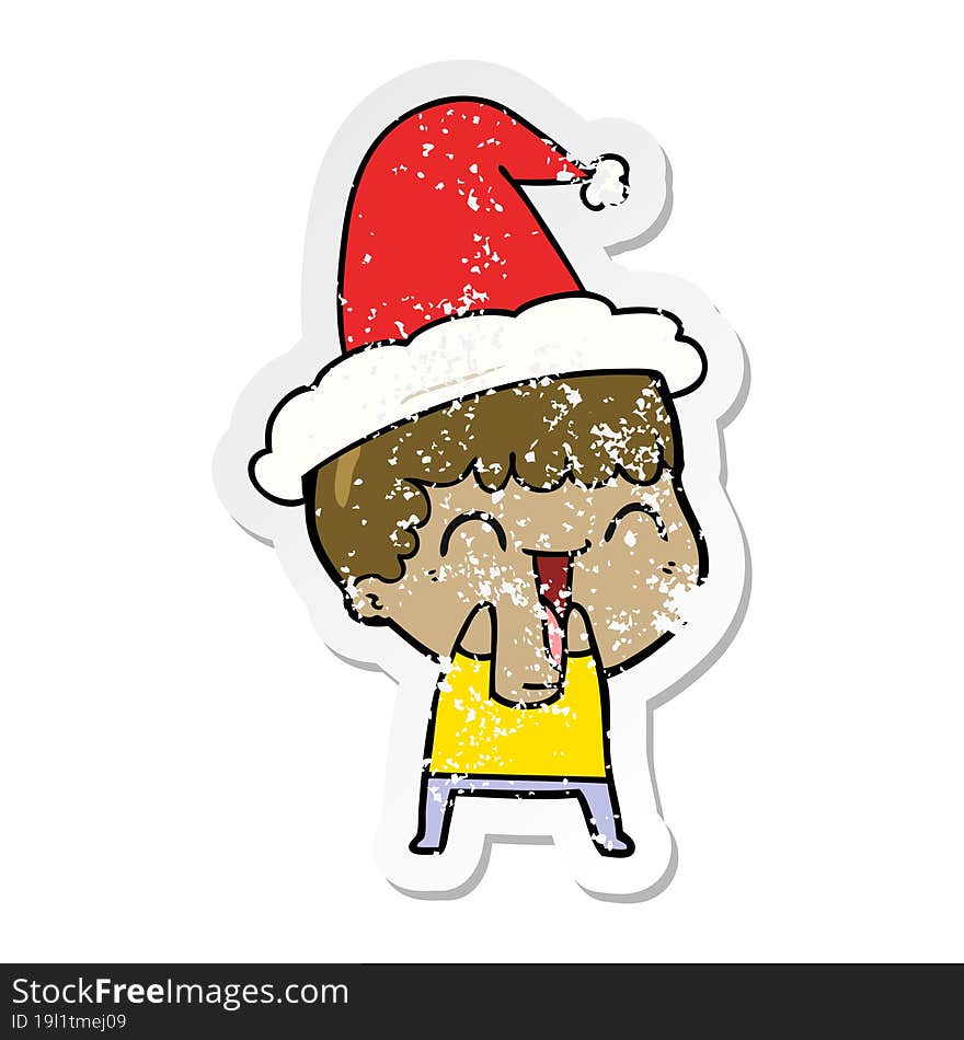 hand drawn distressed sticker cartoon of a happy man wearing santa hat