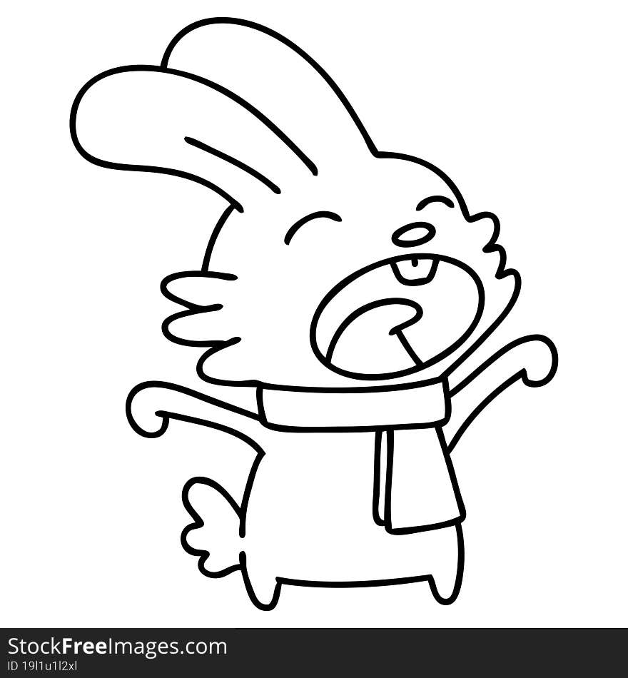 line doodle of a rabbit with scarf yawning