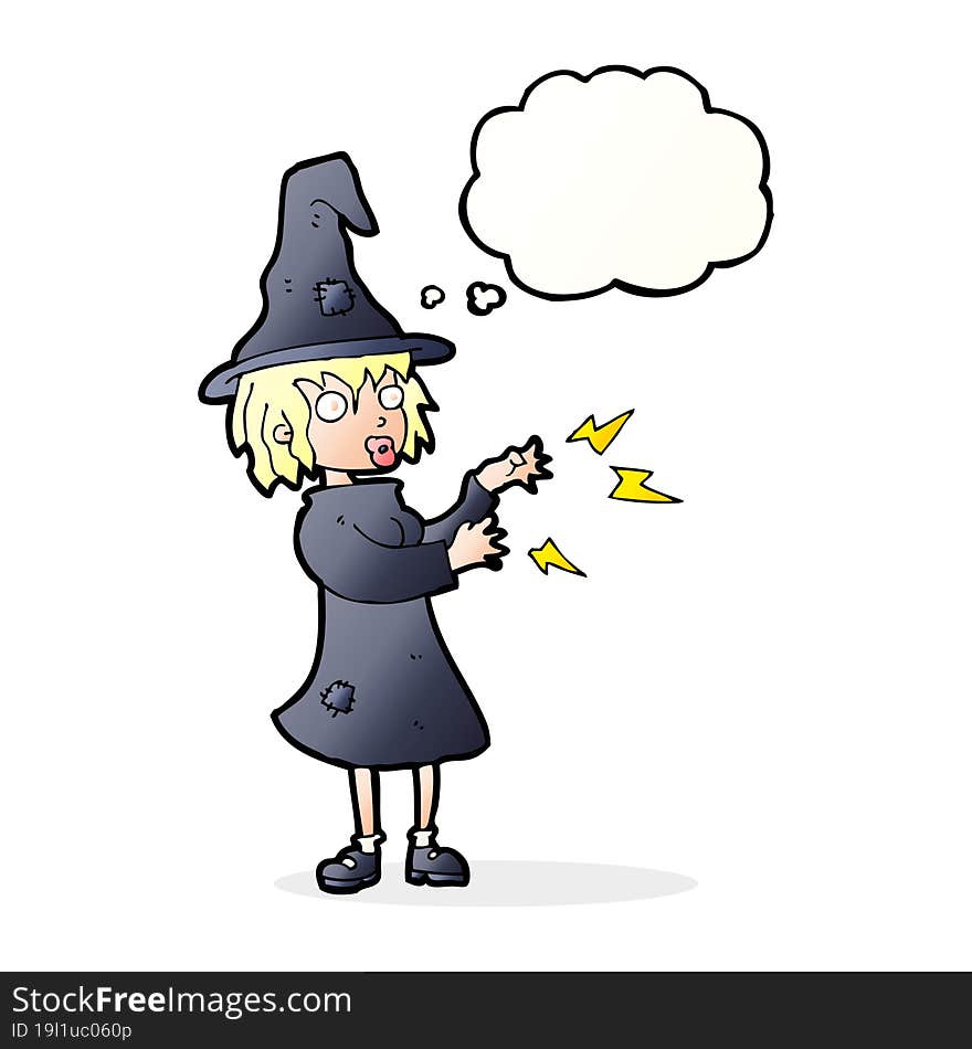 cartoon witch casting spell with thought bubble