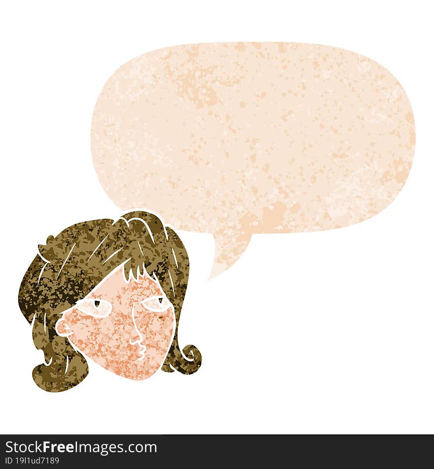 cartoon woman and speech bubble in retro textured style