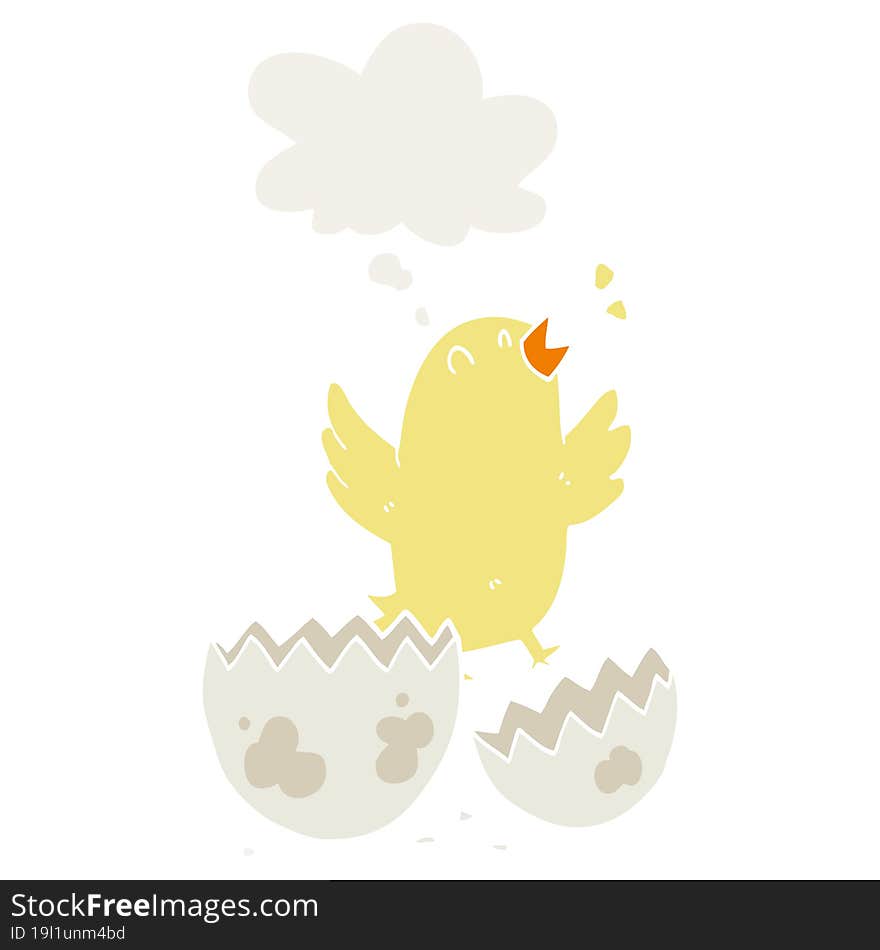 cartoon bird hatching from egg with thought bubble in retro style