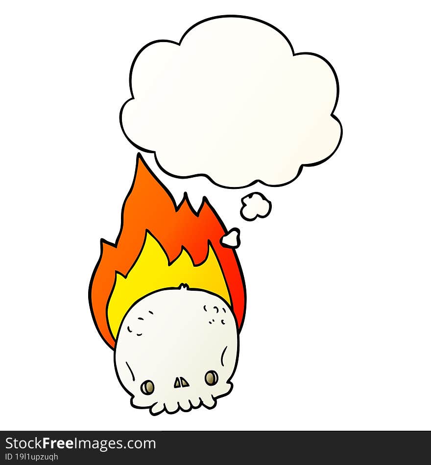 spooky cartoon flaming skull and thought bubble in smooth gradient style