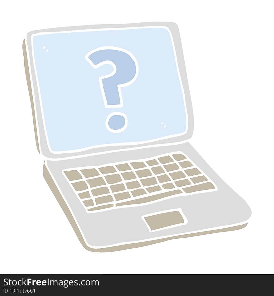 flat color illustration of a cartoon laptop computer with question mark