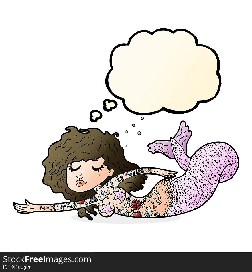 cartoon mermaid with tattoos with thought bubble