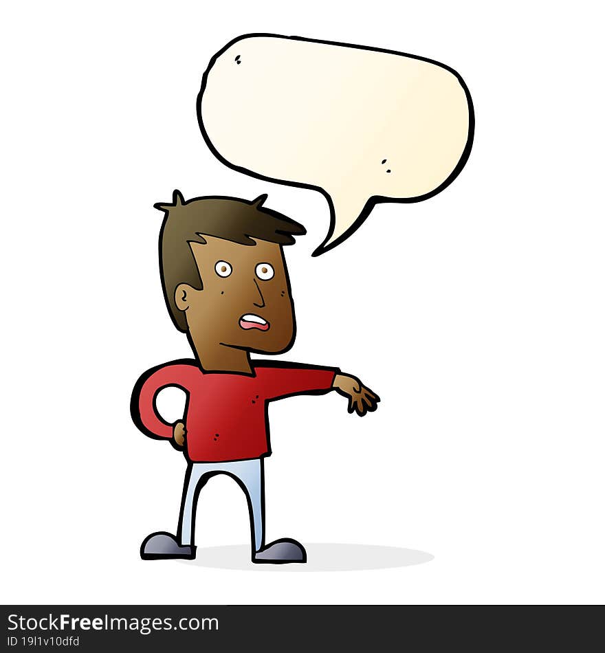 cartoon man making camp gesture with speech bubble