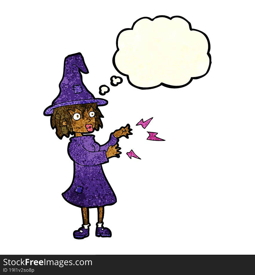 cartoon witch casting spell with thought bubble