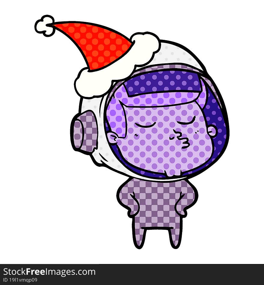 comic book style illustration of a confident astronaut wearing santa hat