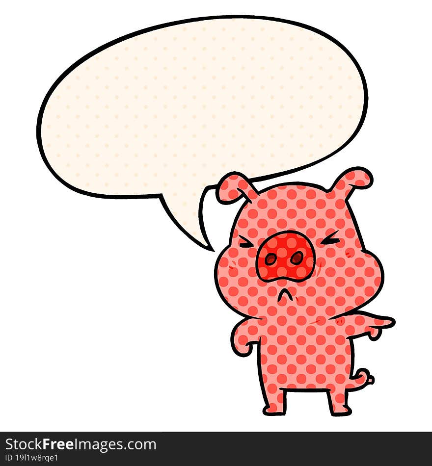 cartoon angry pig pointing and speech bubble in comic book style