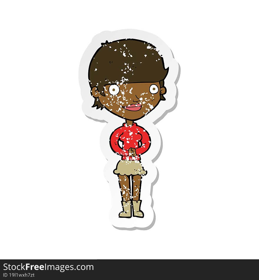 retro distressed sticker of a cartoon friendly woman