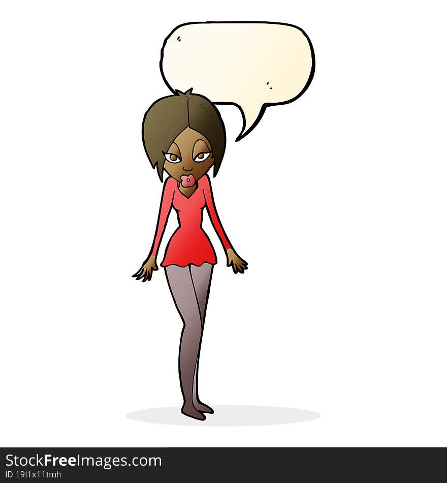 cartoon woman in short dress with speech bubble