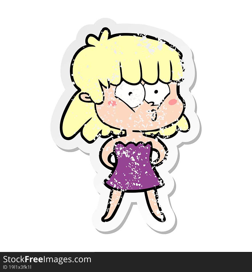 distressed sticker of a cartoon whistling girl