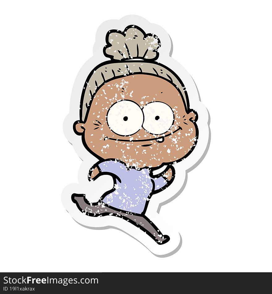 distressed sticker of a cartoon happy old woman