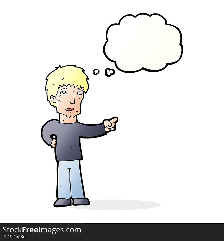 cartoon pointing man with thought bubble