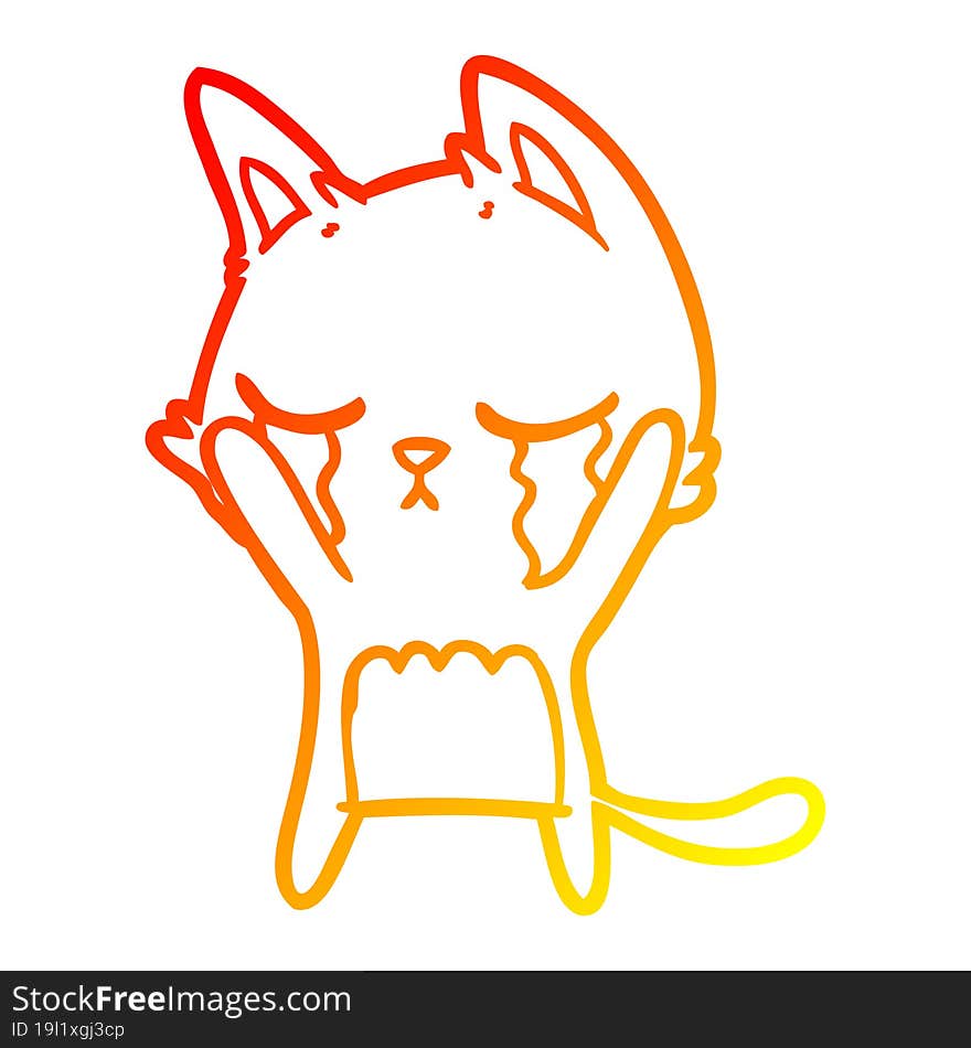 warm gradient line drawing of a crying cartoon cat